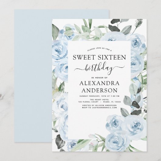 Dusty Blue Sweet Zestien Verjaardagsfeestuitnodigi Kaart (Voorkant / Achterkant)