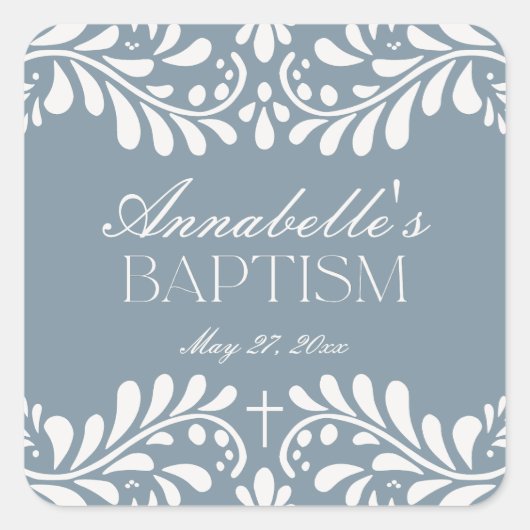 Dusty Blue Talavera Spaanse Fiesta doopgunst Vierkante Sticker (Voorkant)