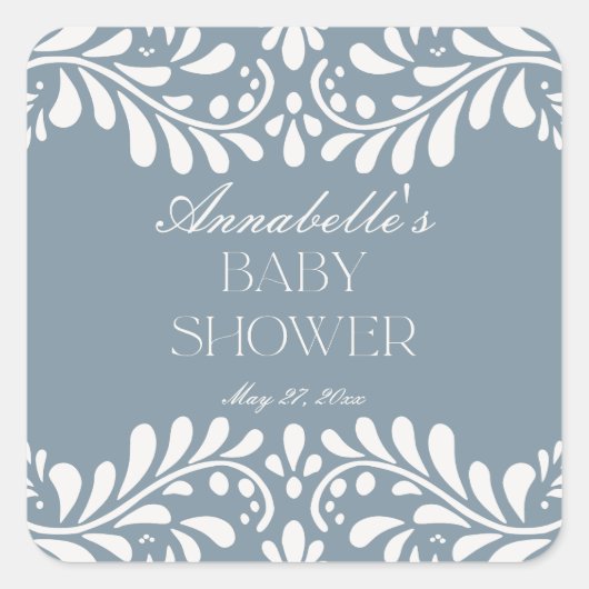 Dusty Blue Talavera Spanish Fiesta Boy Baby shower Vierkante Sticker (Voorkant)