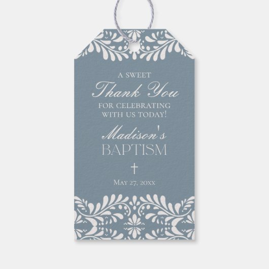 Dusty Blue Talavera Tegel Fiesta doopgunsten Cadeaulabel (Achterkant)