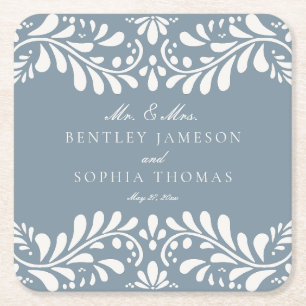 Dusty Blue Talavera Tegel Spaans Fiesta Huwelijk Kartonnen Onderzetters