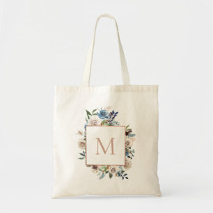 Dusty Blue Taupe Floral Monogram Tote Bag
