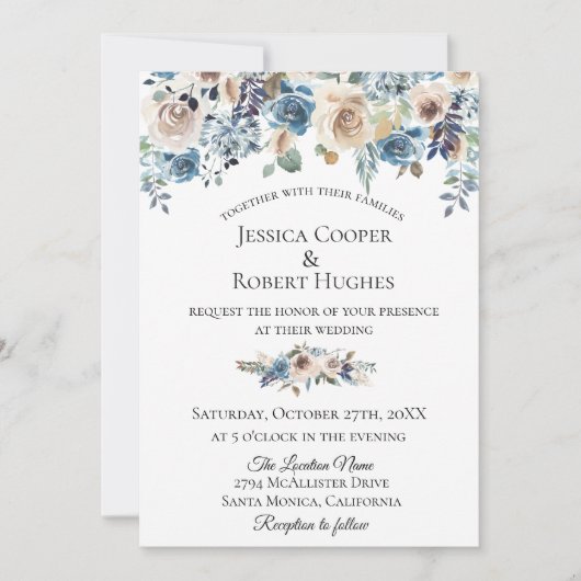 Dusty Blue Taupe Floral Wedding Invitation Kaart (Voorkant)
