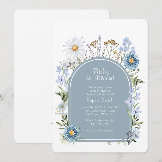 Dusty Blue Tea Party Baby in Bloom Baby shower Kaart (Voorkant / Achterkant)