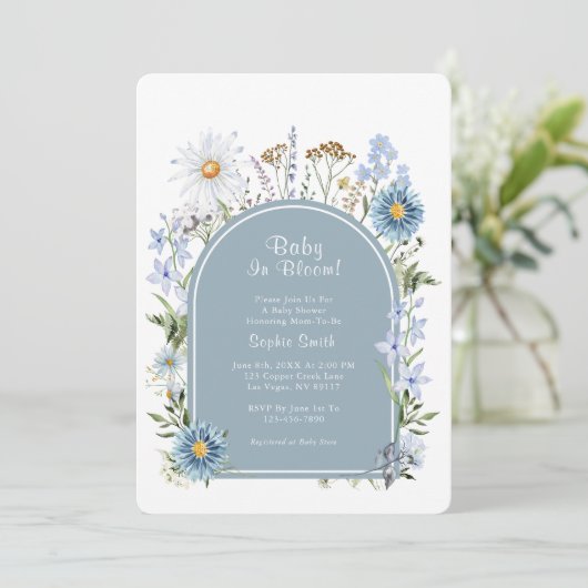 Dusty Blue Tea Party Baby in Bloom Baby shower Kaart (Staand voorkant)