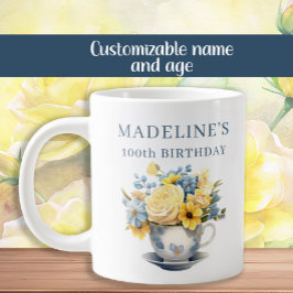 Dusty Blue Teacup Yellow Flowers Grote Koffiekop