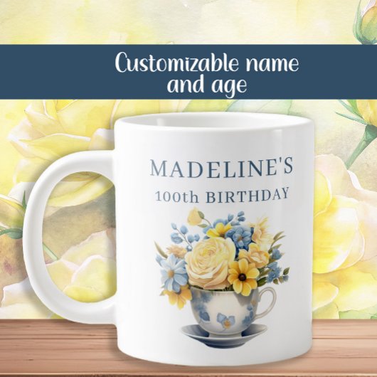 Dusty Blue Teacup Yellow Flowers Grote Koffiekop