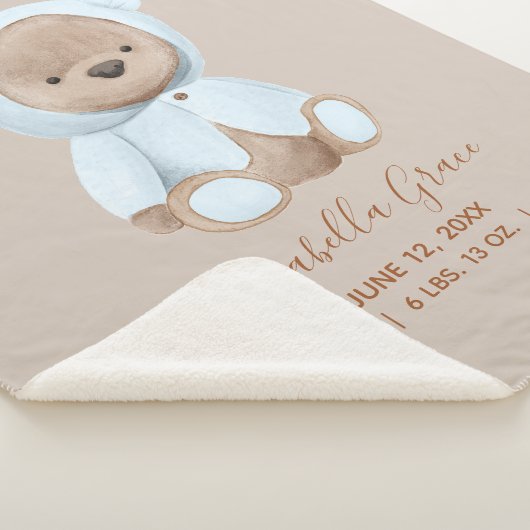 Dusty Blue Teddy Bear Baby Birth Stats Sherpa Deken (3/4)