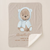 Dusty Blue Teddy Bear Baby Birth Stats Sherpa Deken (Voorkant)