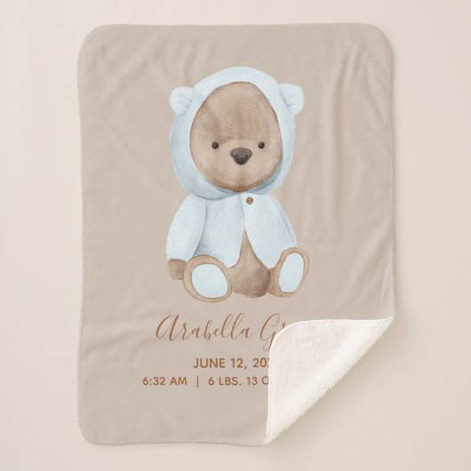 Dusty Blue Teddy Bear Baby Birth Stats Sherpa Deken (Voorkant)