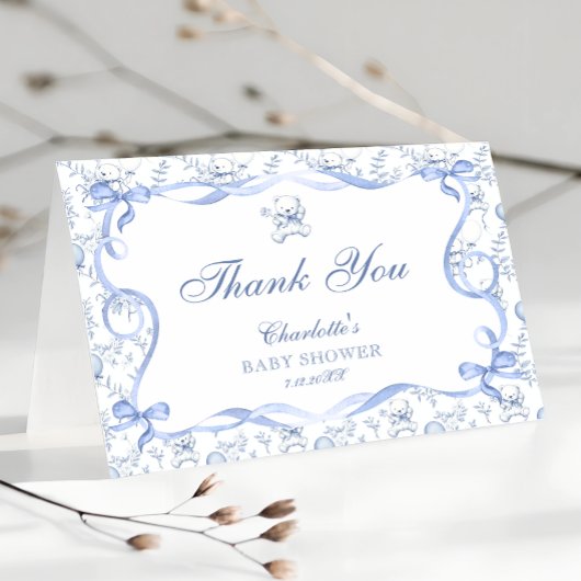 Dusty Blue Teddy Bear Baby shower Bedankt Card