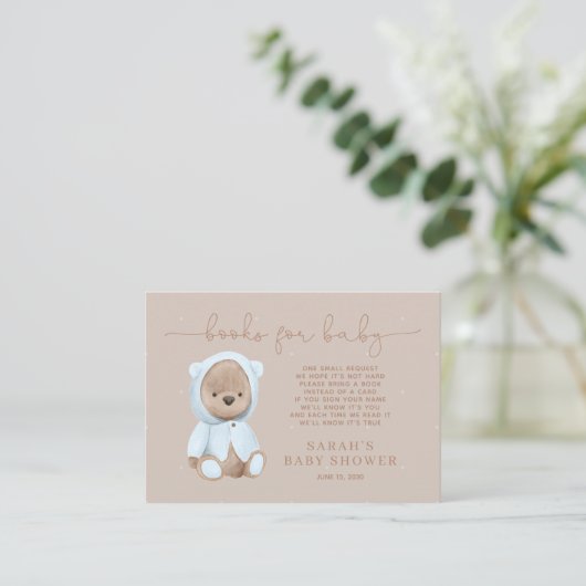 Dusty Blue Teddy Bear Baby shower Book Request Req Informatiekaartje (Staand voorkant)
