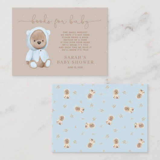 Dusty Blue Teddy Bear Baby shower Book Request Req Informatiekaartje (Voorkant / Achterkant)