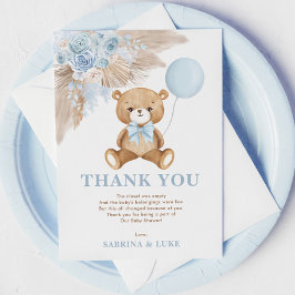 Dusty Blue Teddy Bear Balloon Boy Baby shower Bedankkaart