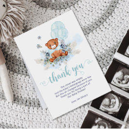 Dusty Blue Teddy Bear Balloon Boy Baby shower Bedankkaart