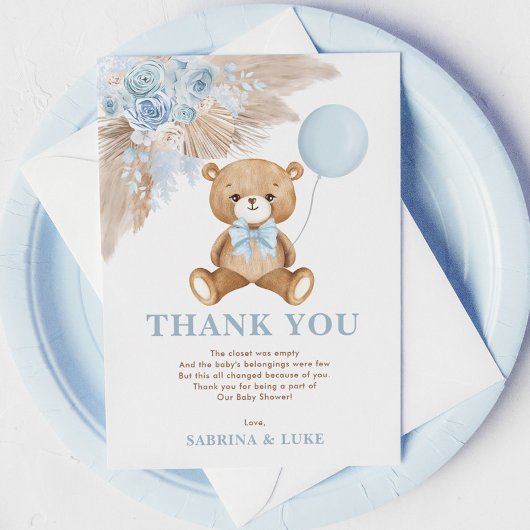 Dusty Blue Teddy Bear Balloon Boy Baby shower Bedankkaart