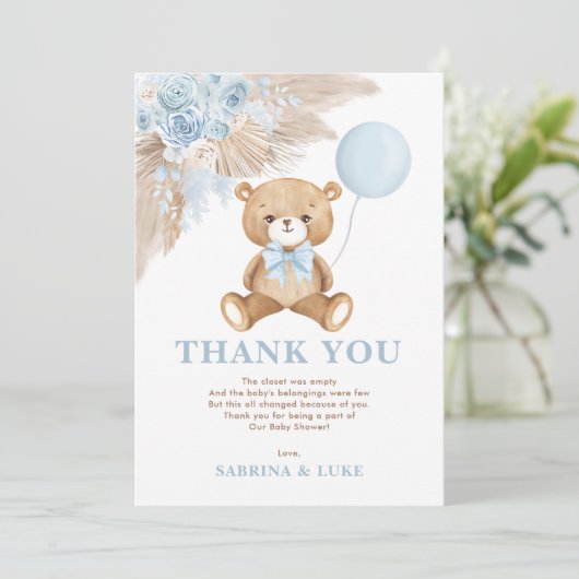 Dusty Blue Teddy Bear Balloon Boy Baby shower Bedankkaart (Staand voorkant)