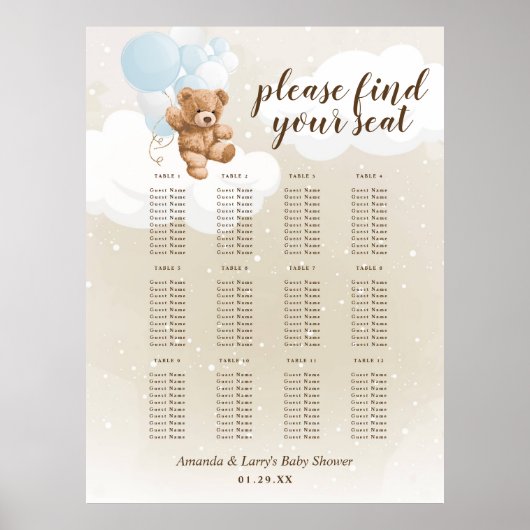 Dusty Blue Teddy Bear met ballonnen Zitkaart Poster (Voorkant)