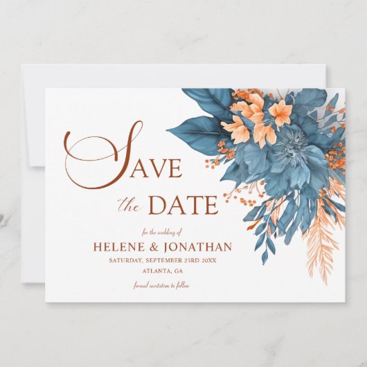 Dusty Blue Terracotta Boho Elegant Bloemen Huwelij Save The Date (Voorkant)