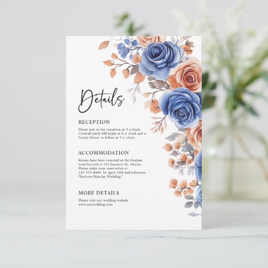Dusty Blue Terracotta Elegante bruiloft Details Informatiekaartje (Staand voorkant)