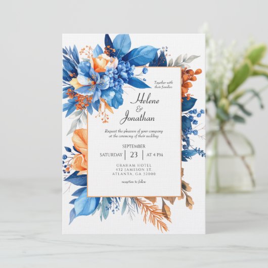 Dusty Blue Terracotta Rust Boho Elegant Wedding Kaart (Staand voorkant)
