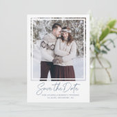 Dusty Blue Text Photo Weddenschap Save the Date (Staand voorkant)