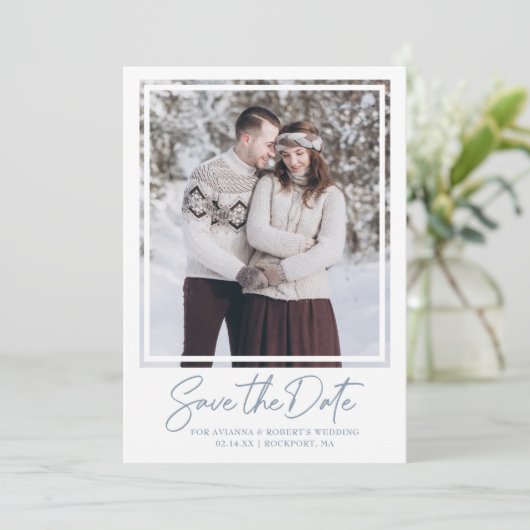 Dusty Blue Text Photo Weddenschap Save the Date (Staand voorkant)