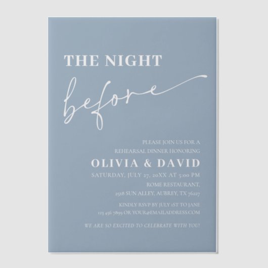 Dusty Blue the night before Rehearings Dinner Vellum Uitnodigingen (Voorkant)