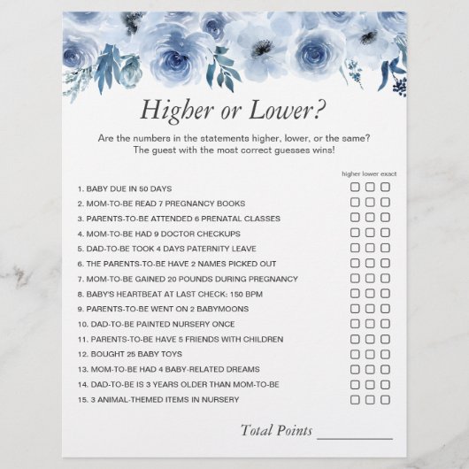 Dusty Blue the Number Challenge Baby shower Game Flyer (Voorkant)