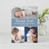 Dusty Blue Three Photos Baby Boy Shower Bedankkaart (Staand voorkant)