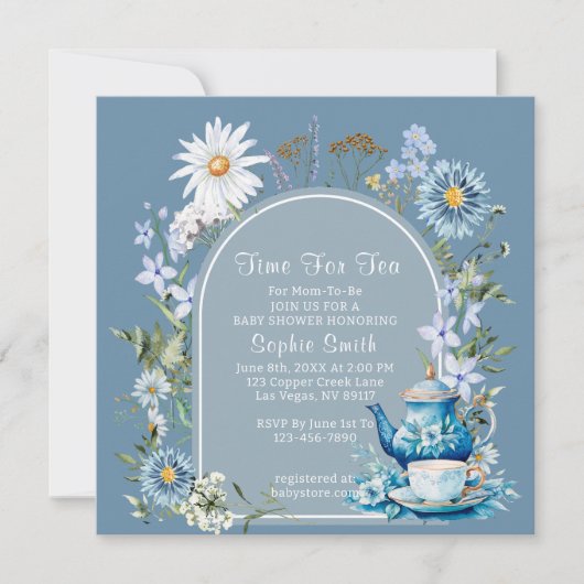 Dusty Blue Time voor Tea Wildflower Baby shower Kaart (Voorkant)