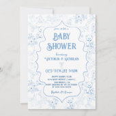 Dusty Blue Toile Beer  Baby Jongensdouche Kaart (Voorkant)