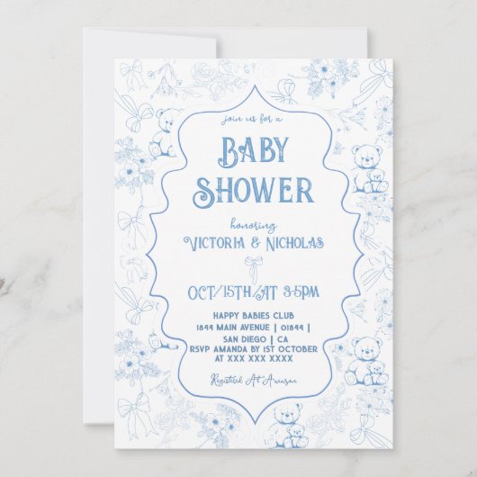 Dusty Blue Toile Beer Baby Jongensdouche Kaart (Voorkant)