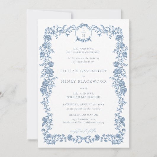 Dusty Blue Toile Chinoiserie Floral Formal Wedding Kaart (Voorkant)