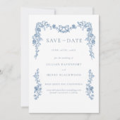 Dusty Blue Toile Chinoiserie Wedding Save Date Kaart (Voorkant)