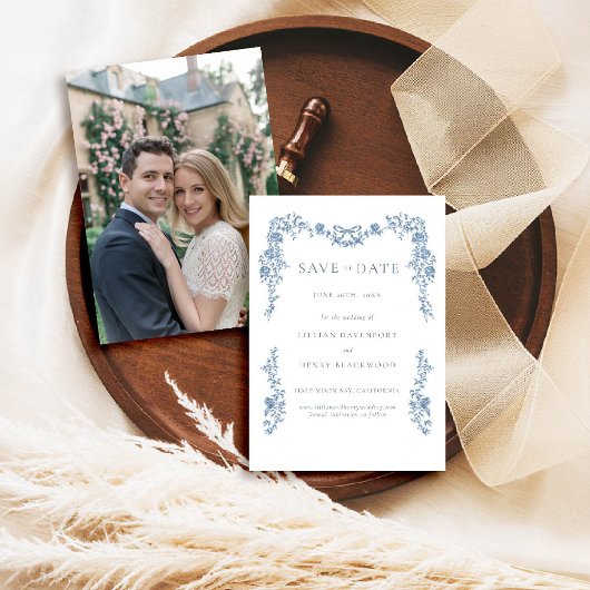 Dusty Blue Toile Chinoiserie Wedding Save Date Kaart
