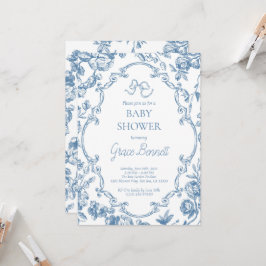 Dusty Blue Toile de Jouy Baby shower Kaart