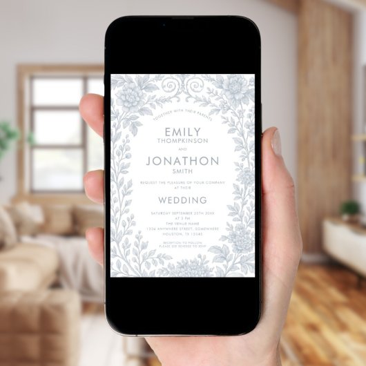 Dusty Blue Toile De Jouy Border QR Code Trouwen Kaart