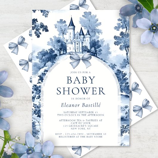 Dusty Blue Toile de Jouy Frans Baby shower Kaart