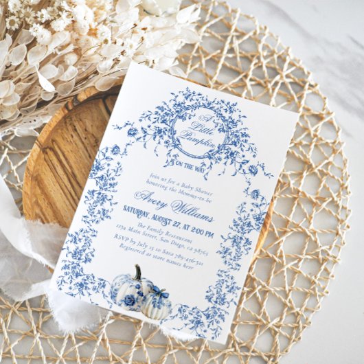Dusty Blue Toile Floral Pumpkin Boy Baby shower Kaart