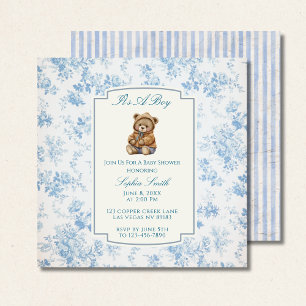 Dusty Blue Toile Floral Teddy Bear Square Kaart