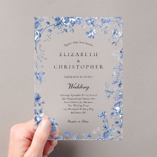 Dusty Blue Toile Floral Waterverf Elegant Bruiloft Acryl Uitnodigingen (Insitu (Draagbaar))