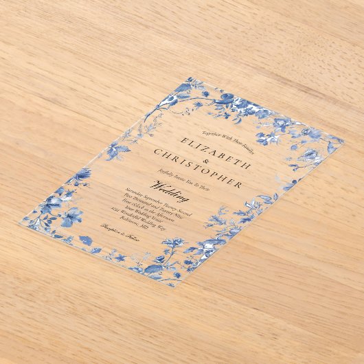 Dusty Blue Toile Floral Waterverf Elegant Bruiloft Acryl Uitnodigingen (Laagn)