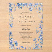 Dusty Blue Toile Floral Waterverf Elegant Bruiloft Acryl Uitnodigingen (Voorkant)
