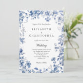 Dusty Blue Toile Floral Waterverf Elegant Bruiloft Kaart (Staand voorkant)