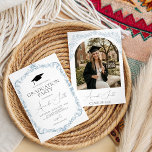Dusty Blue Toile Frame Graduation Invite Kaart<br><div class="desc">Host an elegant celebration with this "Dusty Blue Toile Frame" graduation invitation. Featuring a sophisticated vintage-style floral border in muted blue and a classic black grad cap icon. Its timeless aesthetic and clean typography make it perfect for the Class of 2026. Ideal for graduates wanting a refined, traditional, yet modern...</div>