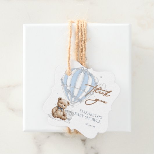 Dusty Blue Toile Hot Air Balloon Beer Dank u Bedankjes Labels (In situ)