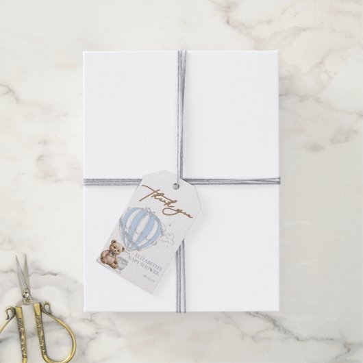 Dusty Blue Toile Hot Air Balloon Beer Dank u Cadeaulabel (Met Touw)