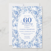Dusty Blue Toile Roses 60th Birthday Digital  Kaart (Voorkant)