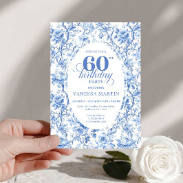 Dusty Blue Toile Roses 60th Birthday Digital Kaart
